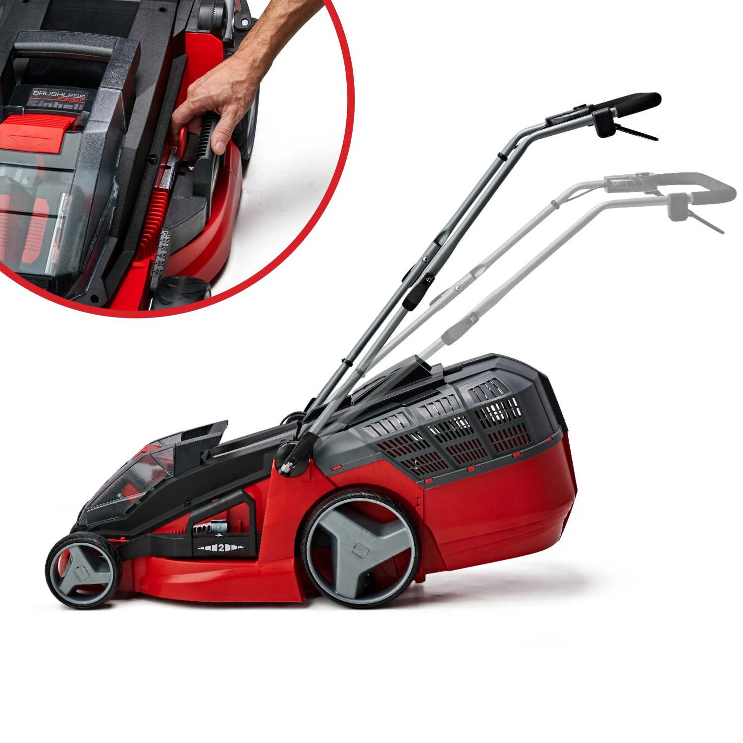 Einhell Akku-Rasenmäher GE-CM 43 Li mit Fangkorb und Akkus, Schnitthöhenverstellung im Detail.
