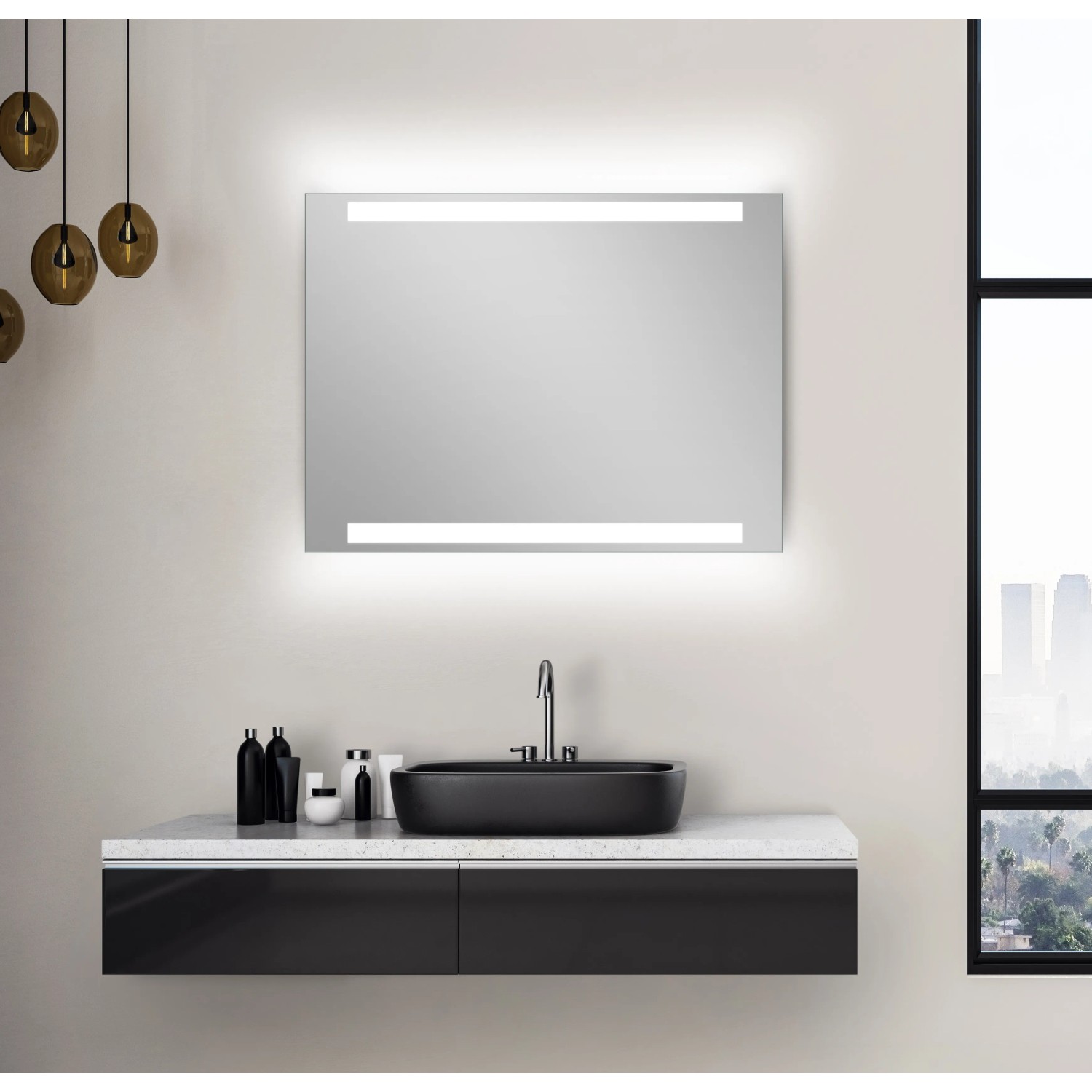DSK LED-Lichtspiegel Silver Conde Light, 80x60 cm, mit Aluminiumrahmen und Raumlichteffekt.