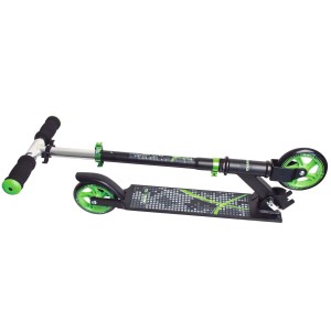 Muuwmi Aluminium Tretroller, schwarz-grün, mit 125 mm Rollen und verstellbarem Lenker.
