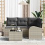 Hellgraues 5-teiliges Garten-Sofa-Set aus Poly Rattan mit Kissen und Tisch.