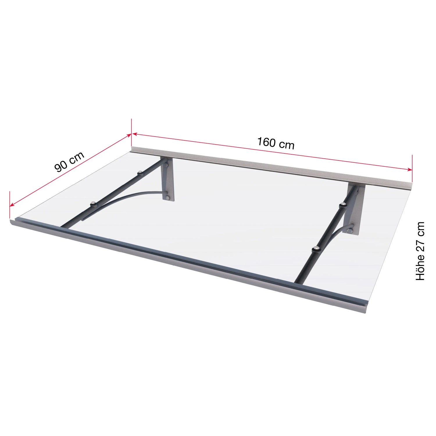 Modernes Gutta Pultvordach PT/GR 160 in Edelstahloptik mit transparentem Acrylglas und Aluminium-Trägern.