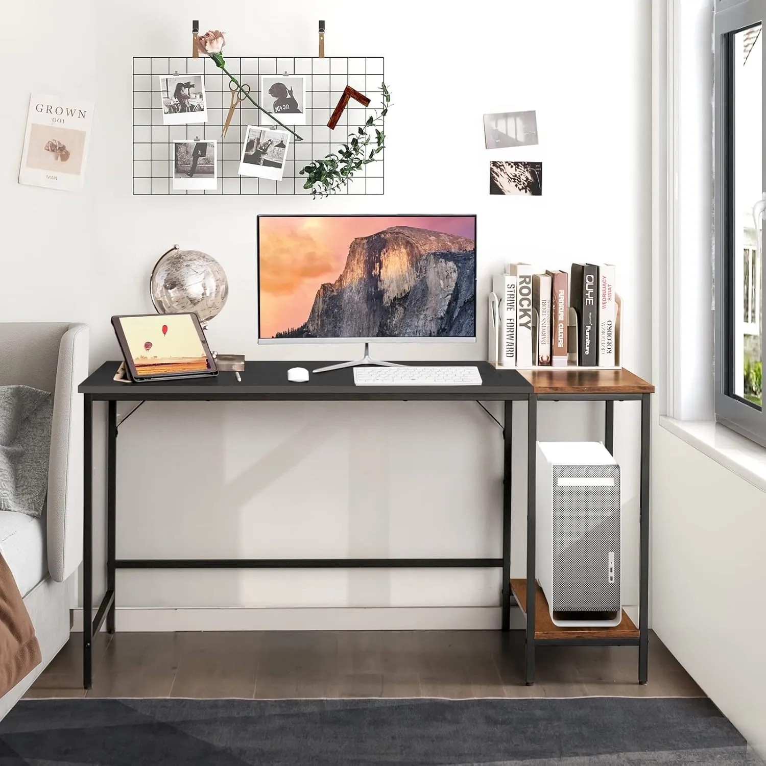 Costway Schreibtisch 140 cm mit Ablage, Computertisch in Schwarz/Braun mit Stahlrahmen.