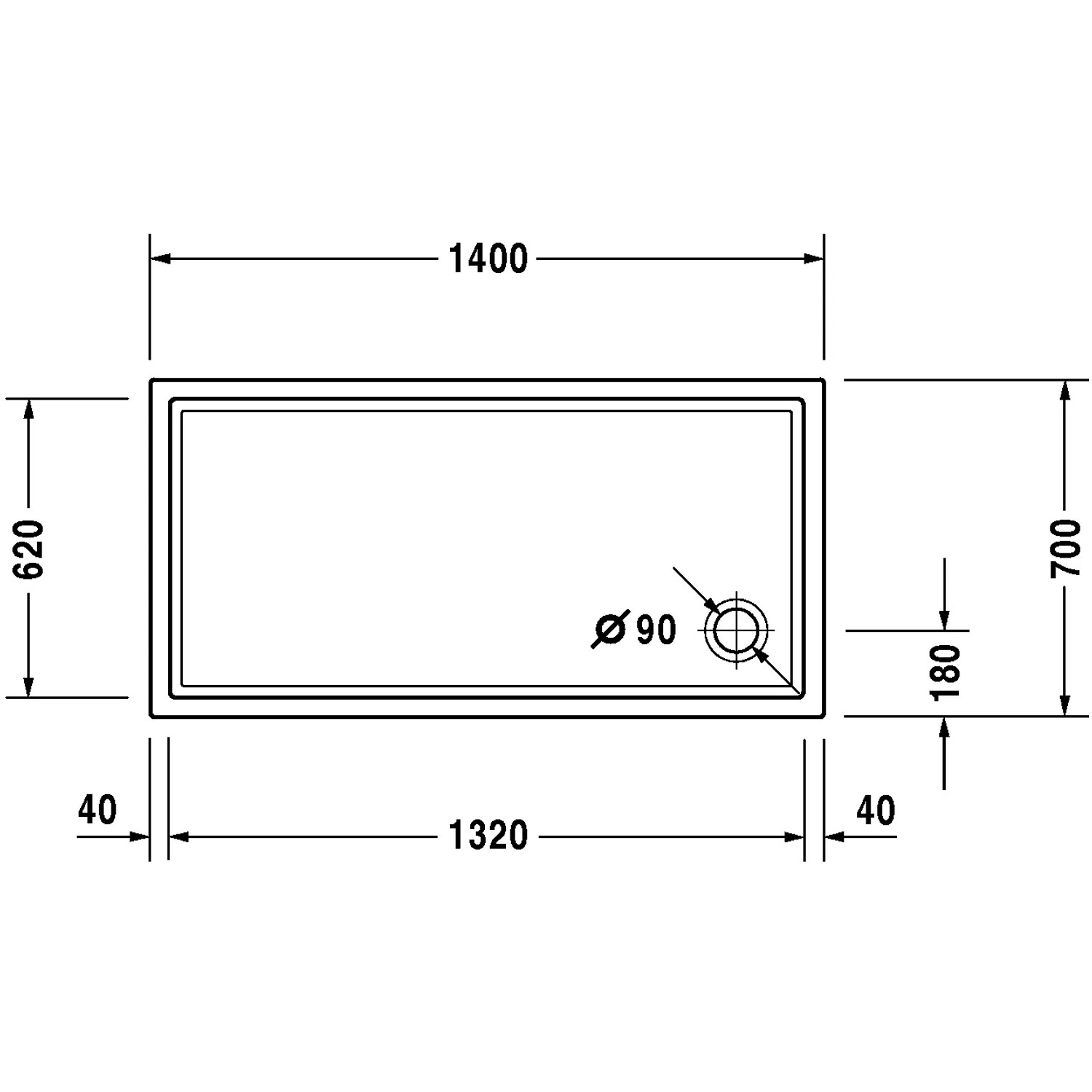 Technische Zeichnung der Duravit Duschwanne Starck Slimline, 140x70x5,5 cm, mit Maßangaben.