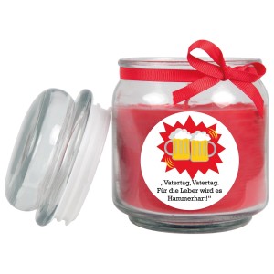 HS Candle Duftkerze Vatertag im Glas mit rotem Wachs und Bierkrug Motiv.