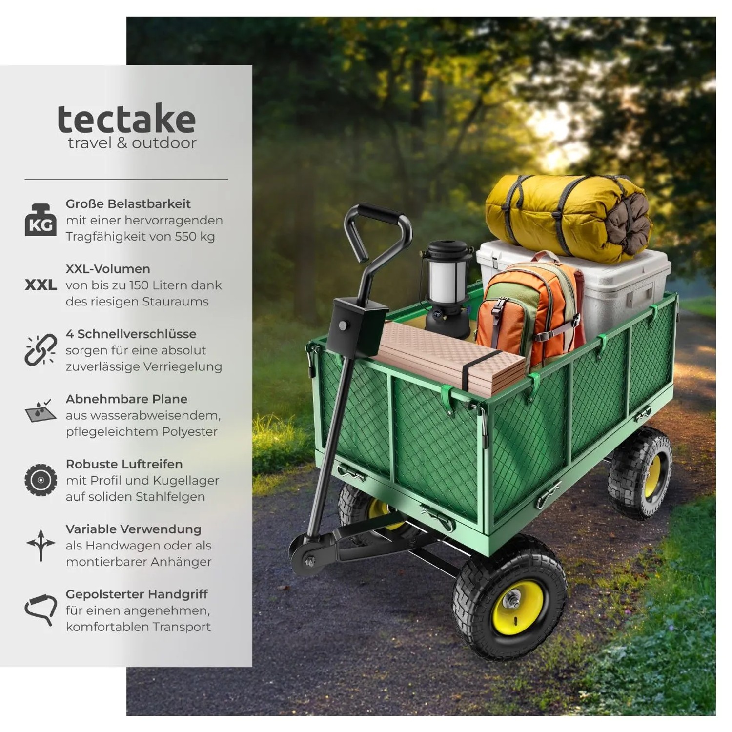 Grüner Tectake Bollerwagen mit Luftreifen und Campingausrüstung. Ideal für Camping & Freizeit.