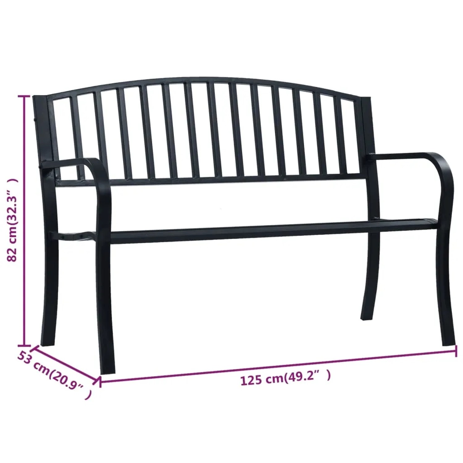 Schwarze VidaXL Gartenbank aus Stahl, 125 cm breit, mit geschwungenen Armlehnen.