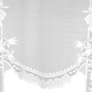 Weiße Bistrogardine mit Blumenmuster und Stangendurchzug für Fenster, 150x120 cm.