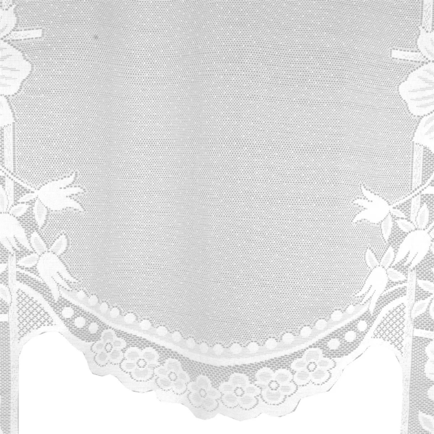 Weiße Bistrogardine mit Blumenmuster und Stangendurchzug für Fenster, 150x120 cm.