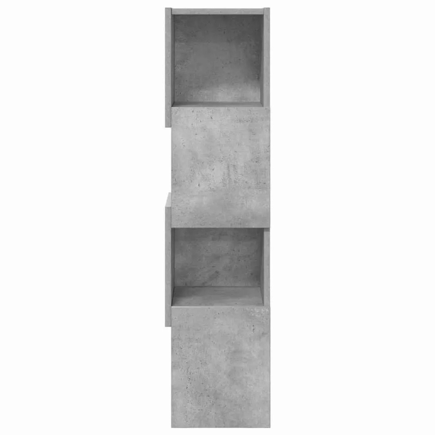 Eckschrank Beton Grau aus Holzwerkstoff mit vier offenen, versetzten Fächern.