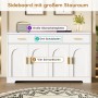Weißes Merax Sideboard mit 4 Bogen-Türen, 3 Schubladen, Goldgriffen und großer Ablagefläche für Wohnzimmer.
