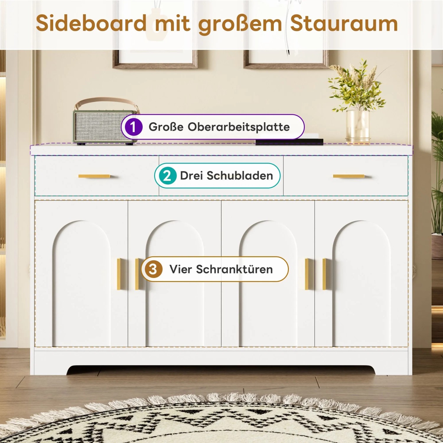 Weißes Merax Sideboard mit 4 Bogen-Türen, 3 Schubladen, Goldgriffen und großer Ablagefläche für Wohnzimmer.