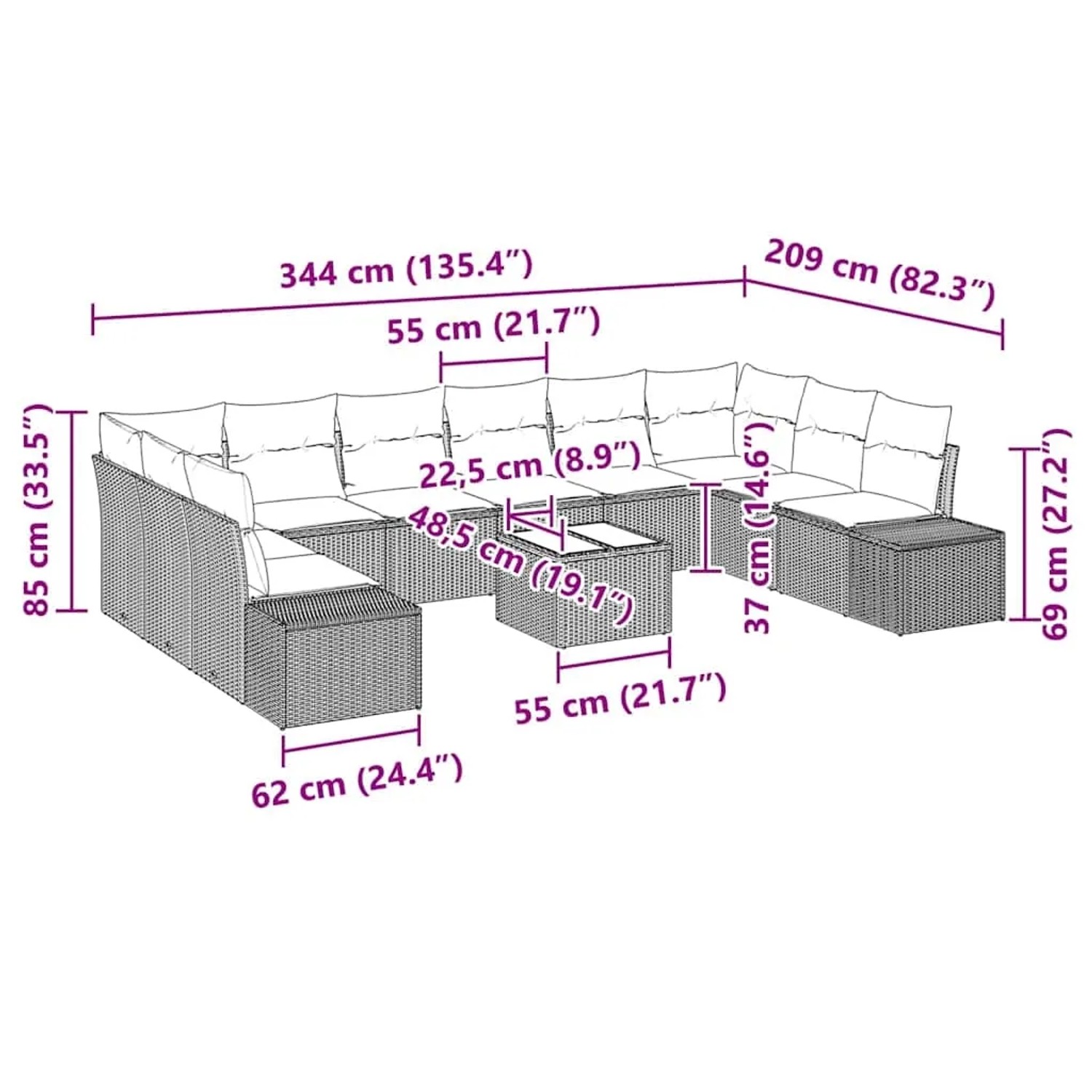 Hellgraues 11-teiliges Garten-Sofa-Set aus Poly Rattan mit Kissen und Tisch.
