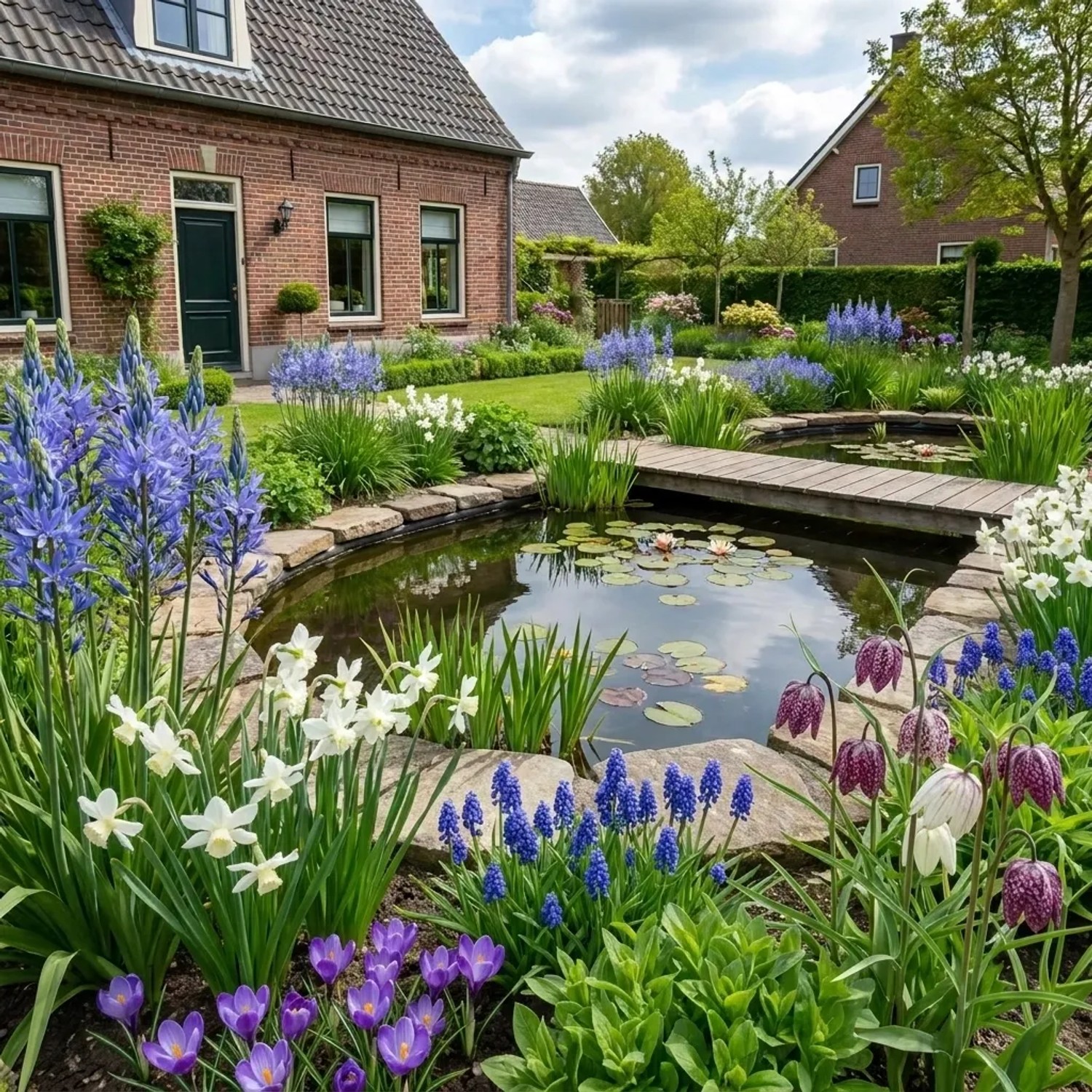Blühender Teichrand mit Vdvelde Aqua Bulbs Bee Mix: Krokusse, Muscari, Narzissen, Fritillaria, Camassia in voller Pracht.