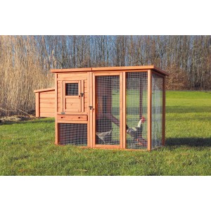 Trixie Hühnerstall aus Kiefernholz mit Freilaufgehege und Legebox im Garten.