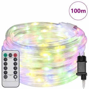 Mehrfarbiges vidaXL Lichtseil mit 2400 LEDs, 100 m lang, inklusive Fernbedienung und Stecker.