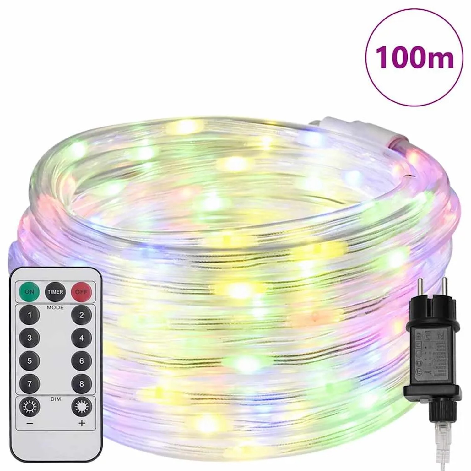 Mehrfarbiges vidaXL Lichtseil mit 2400 LEDs, 100 m lang, inklusive Fernbedienung und Stecker.