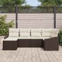 Braunes 6-teiliges Garten-Sofa-Set aus Poly Rattan mit cremefarbenen Kissen.
