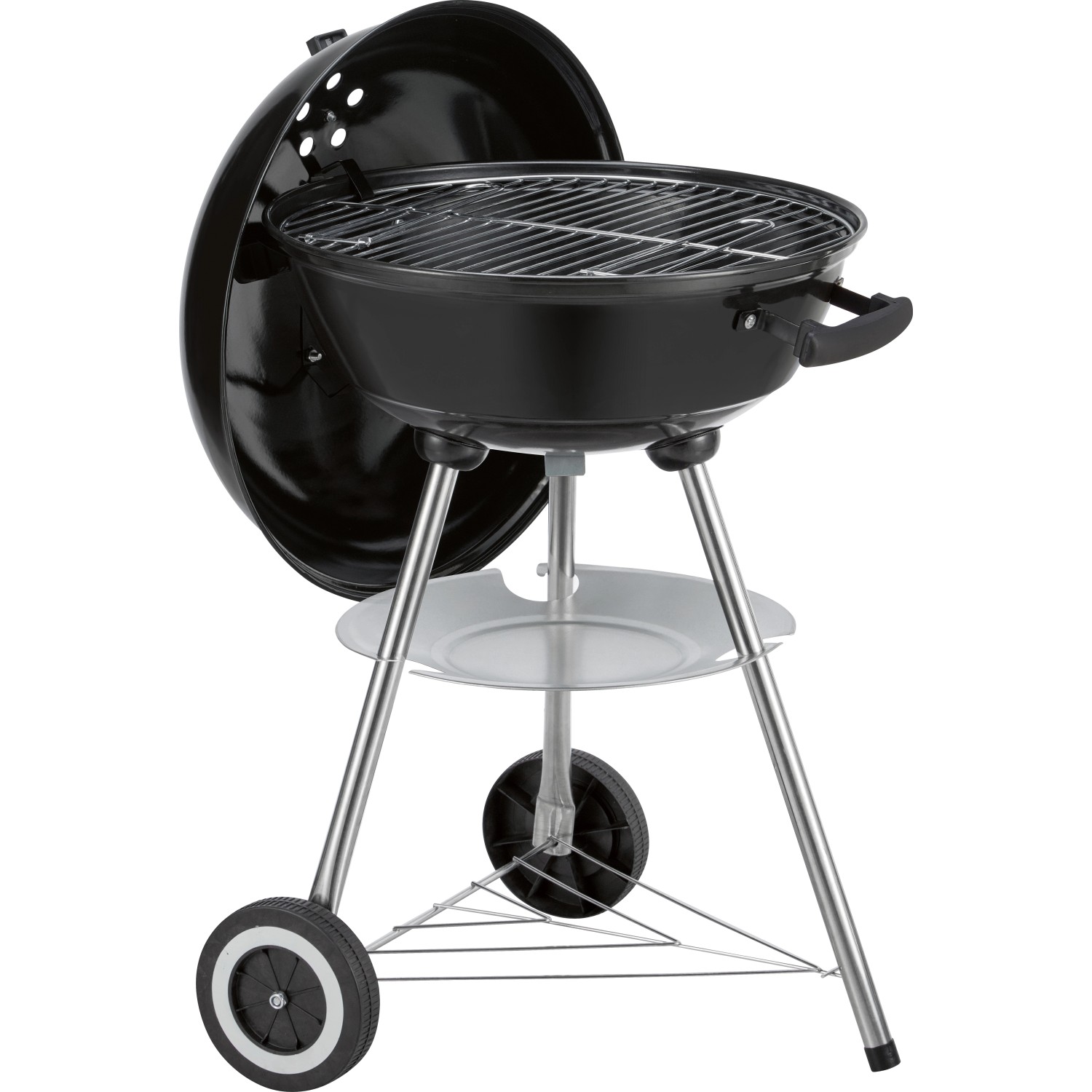 Schwarzer Holzkohle-Kugelgrill mit Deckel, Ablage und Rädern, 85x55x52cm.