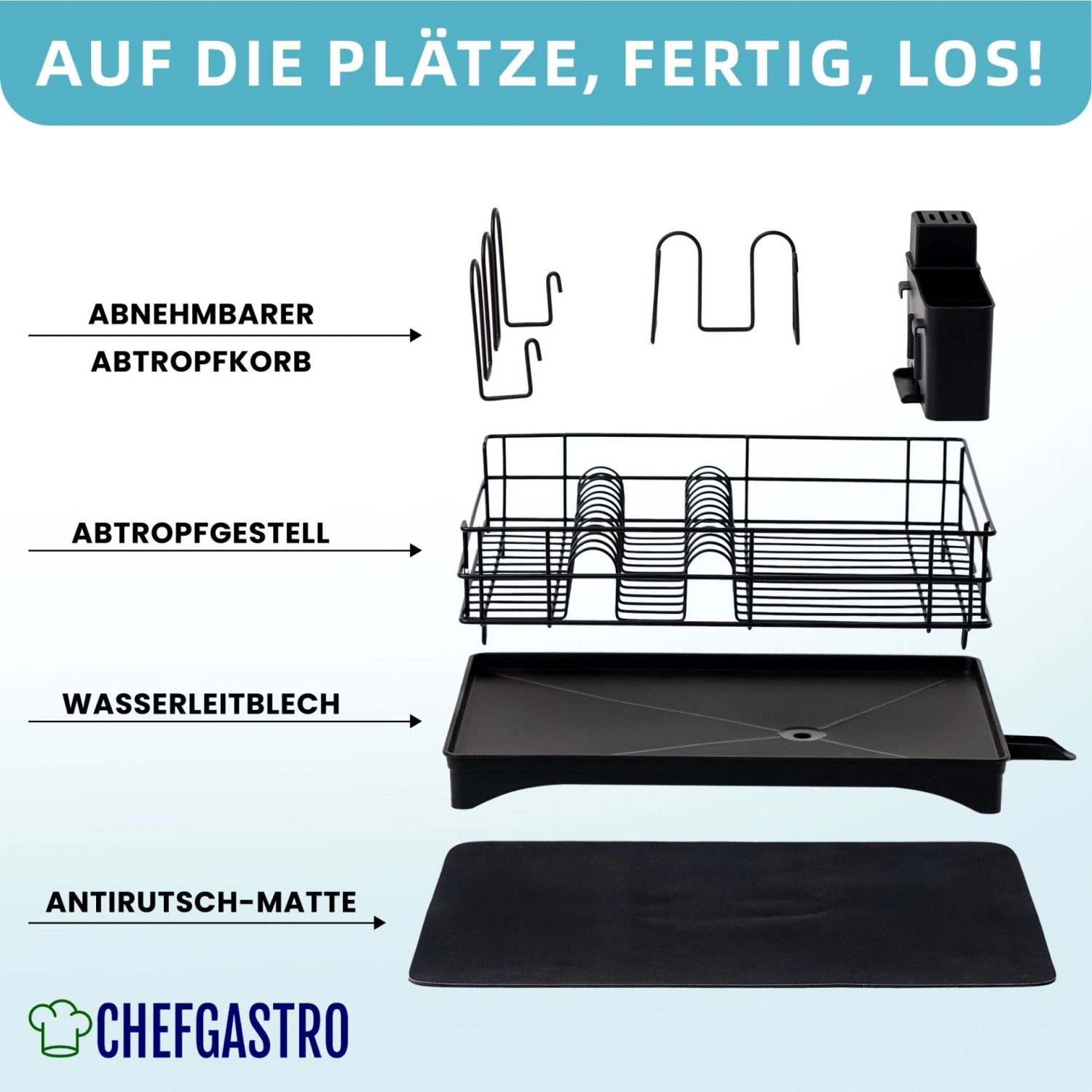CHEFGASTRO Abtropfgestell Geschirr 15x42x31cm Stahl Mit Besteckhalter Tassenhalter Drehbarem Wasserablauf Abtropfbrett & Trockenmatte_7