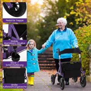 Costway Rollator mit Luftbereifung in Lila mit Kind und Seniorin. Faltbarer Rollator mit Sitz und Tasche.