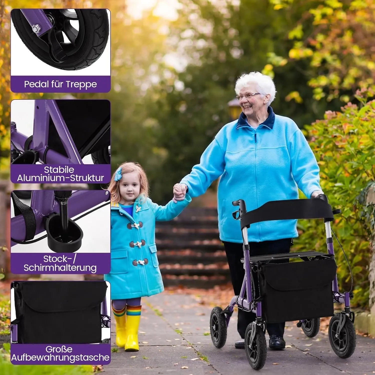 Costway Rollator mit Luftbereifung in Lila mit Kind und Seniorin. Faltbarer Rollator mit Sitz und Tasche.
