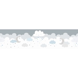 Bricoflor Bordüre mit Wolken und Sternen in Hellblau/Grau für Baby- und Kinderzimmer.