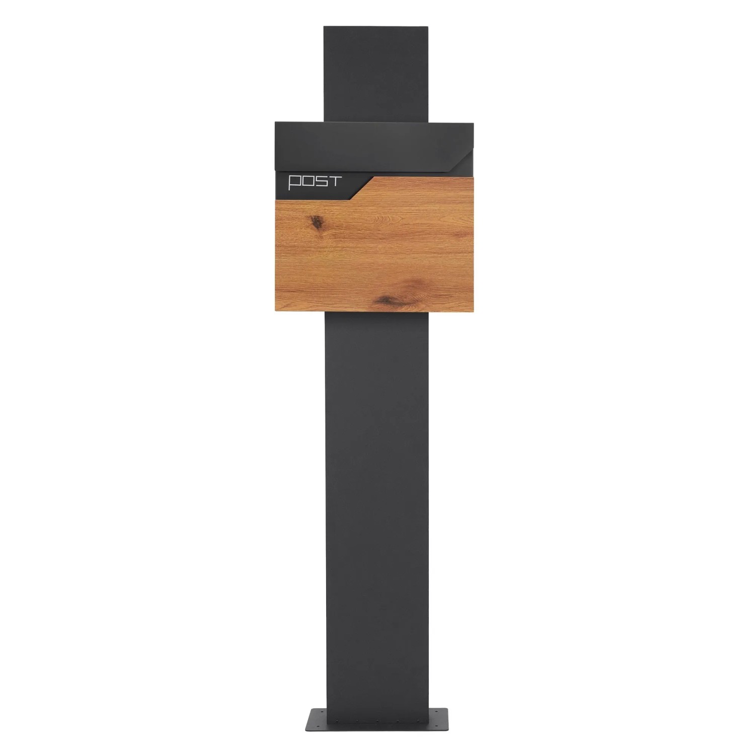 Moderner Standbriefkasten in Anthrazit mit Holzoptik und Zeitungsfach.