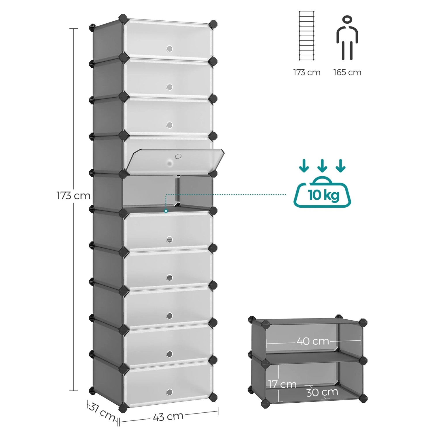 Steckbarer Schuhschrank von Songmics, grau, 173x43x31cm, mit Fächern. Flexibel aufbaubar.