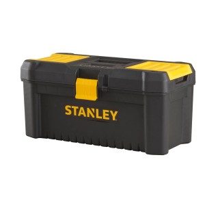 Stanley 16 Zoll Werkzeugbox aus Kunststoff mit gelben Akzenten und Organizern.
