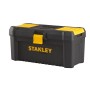Stanley 16 Zoll Werkzeugbox aus Kunststoff mit gelben Akzenten und Organizern.