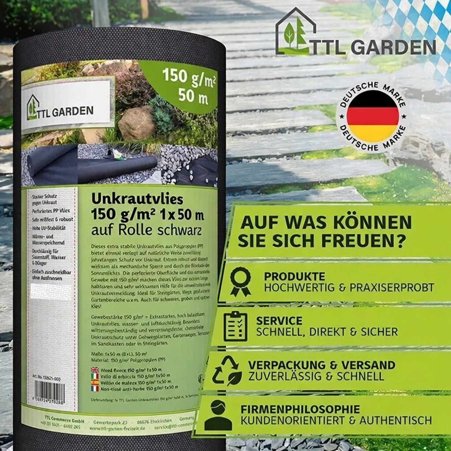 TTL GARDEN Unkrautvlies 150g/m² 1x50m 50m² Rolle Schwarz Extra Starkes Gartenvlies gegen Unkraut Mulchvlies Wasserdurchlässig & UV-stabil_7