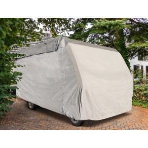 Graue Wohnmobil-Schutzhülle (830x235x270 cm) zum Schutz vor Witterung und Verschmutzung.