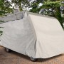 Graue Wohnmobil-Schutzhülle (830x235x270 cm) zum Schutz vor Witterung und Verschmutzung.