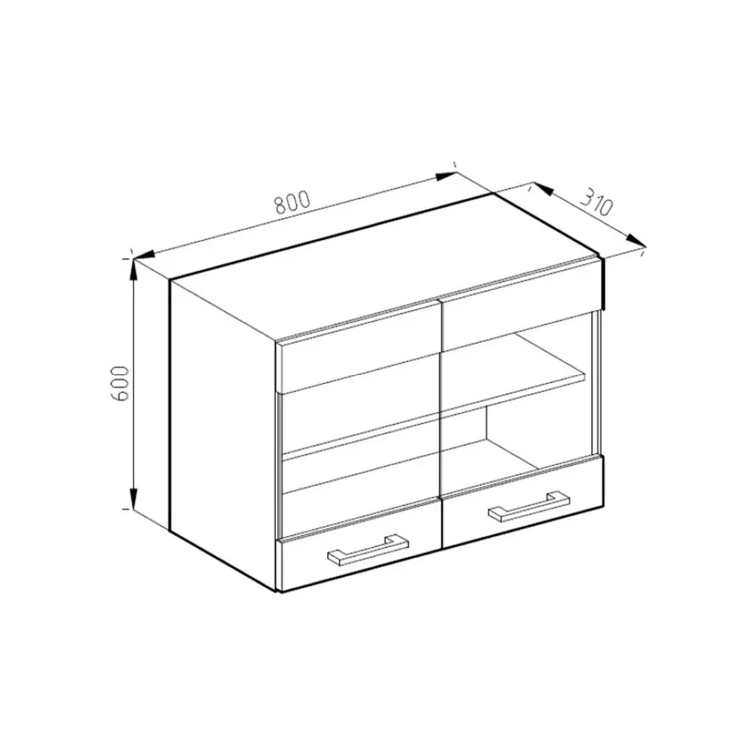 Skizze: Vicco Küchenglasschrank R-Line, 80 cm, weiß/anthrazit, mit Maßangaben.