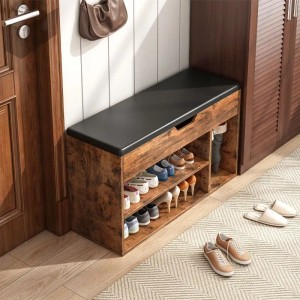 Rebiko Schuhschrank mit Sitzfläche im Retro-Holzdesign und zwei Regalböden für Schuhe.