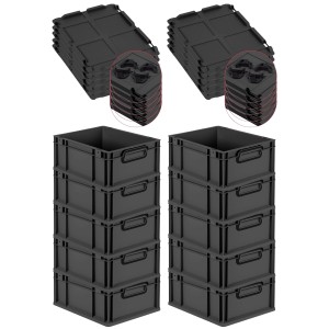 PROREGAL SuperSparSet: 10 schwarze Euroboxen mit Deckel, 16 Liter, für Lagerung und Transport.