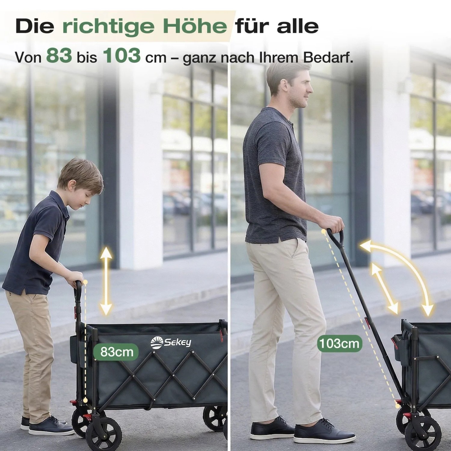 Sekey Bollerwagen faltbar, grau, mit verstellbarem Griff für Kinder und Erwachsene.