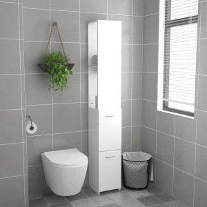 Weißer vidaXL Badezimmerschrank (25x25x170 cm) aus Holzwerkstoff im Badezimmer.