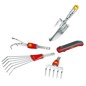 Wolf-Garten multi-star Mini Set: Kelle, Grubber, Fächerbesen, Hacke und Stiel für Garten- und Balkonarbeiten.