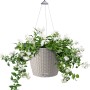 Hängende, sandbraune Lechuza Nido Cottage Blumenampel Ø 27 cm mit weißen Blüten.
