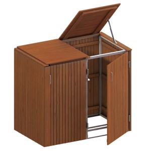 Mülltonnenbox Binto 3 aus Hartholz für 2 Tonnen, mit Klappdeckel und Tür.