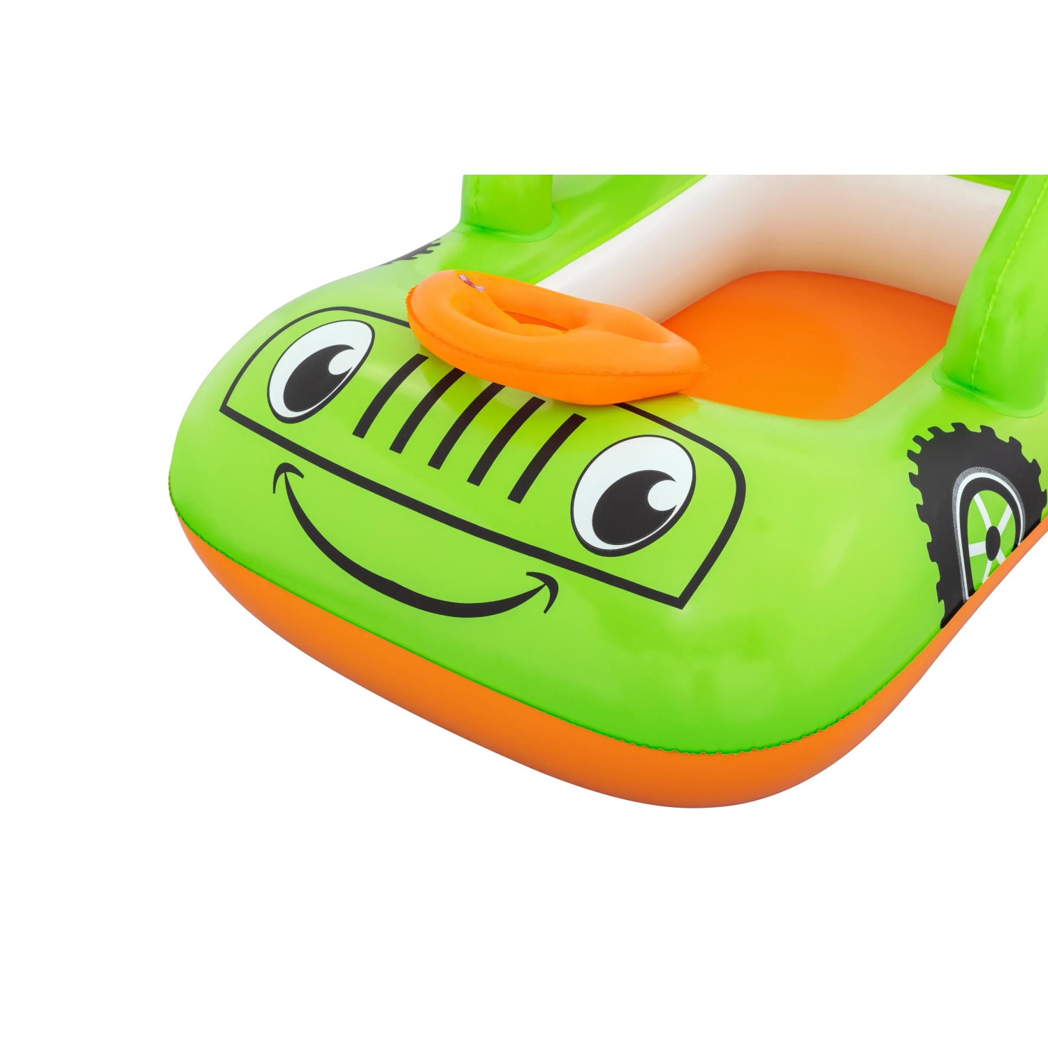 Grünes Bestway Kinder-Schlauchboot Lil' Navigator im Auto-Design mit Lenkrad.