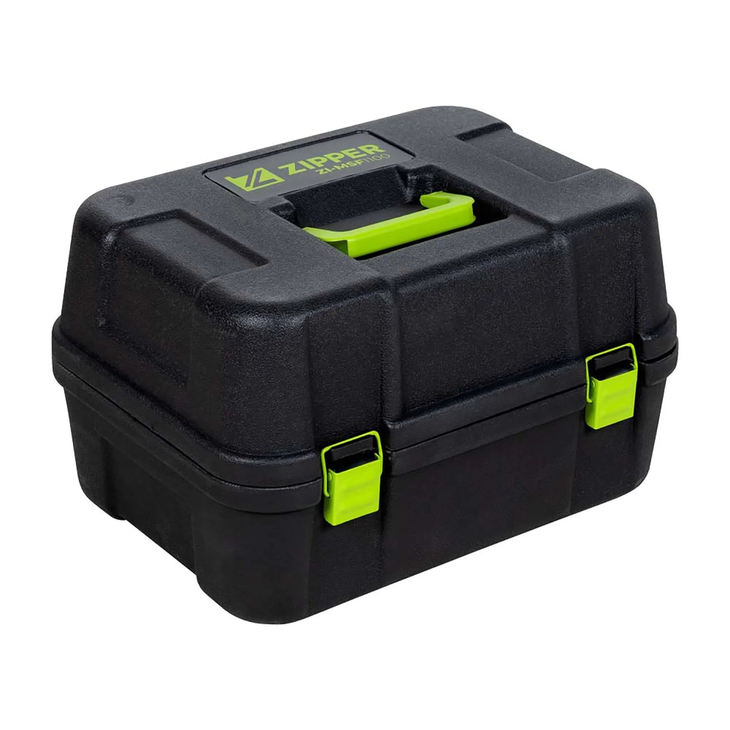 Robuster schwarzer Transportkoffer für Zipper Mauerschlitzfräse ZI-MSF1100 mit grünem Griff und Verschlüssen.