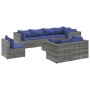 Graues 9-tlg. vidaXL Garten Lounge Set aus Polyrattan mit blauen Kissen.