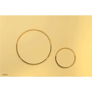 AlcaDrain WC-Betätigungsplatte M675 Gold. Glänzende, rechteckige Platte mit zwei runden Tasten für Doppelspülung.