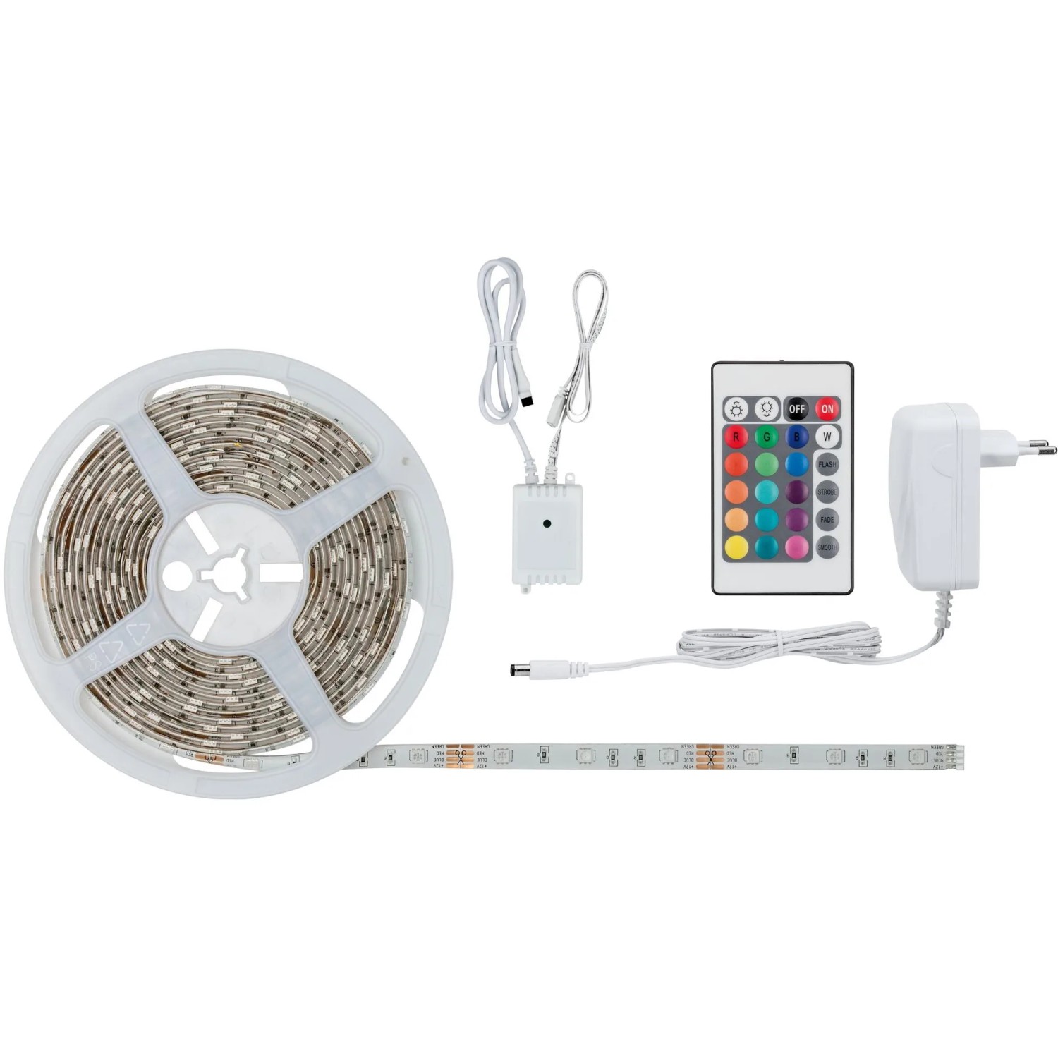 Paulmann SimpLED RGB LED-Strip Set (5 m) mit Fernbedienung, Trafo und Zubehör.