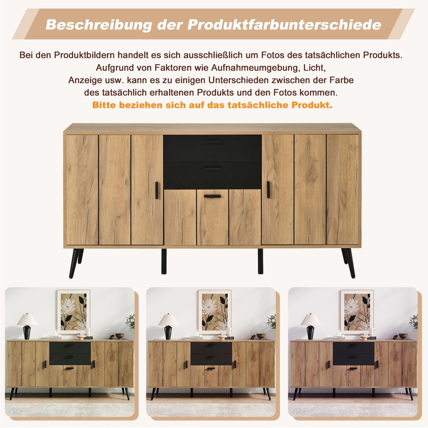 Merax Sideboard 140x35x67 cm in Holzoptik mit schwarzem Mittelteil, 3 Türen, 2 Schubladen. Moderner Wohnzimmerschrank.