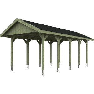 Satteldach-Carport Wallgau mit schwarzen Schindeln, Holzkonstruktion mit 10 Pfosten.
