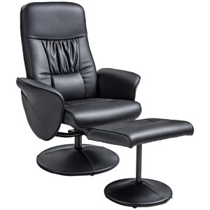 Schwarzer Relaxsessel aus Kunstleder mit Hocker, drehbar und mit Liegefunktion. Komfortabler Loungesessel.