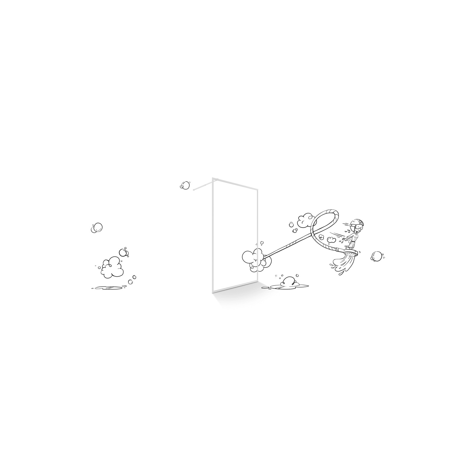 Illustration einer Walk-In Dusche baliv DUK-120.80 mit Chromrahmen und einer Person, die mit einem Handtuch Wasser aufwischt.